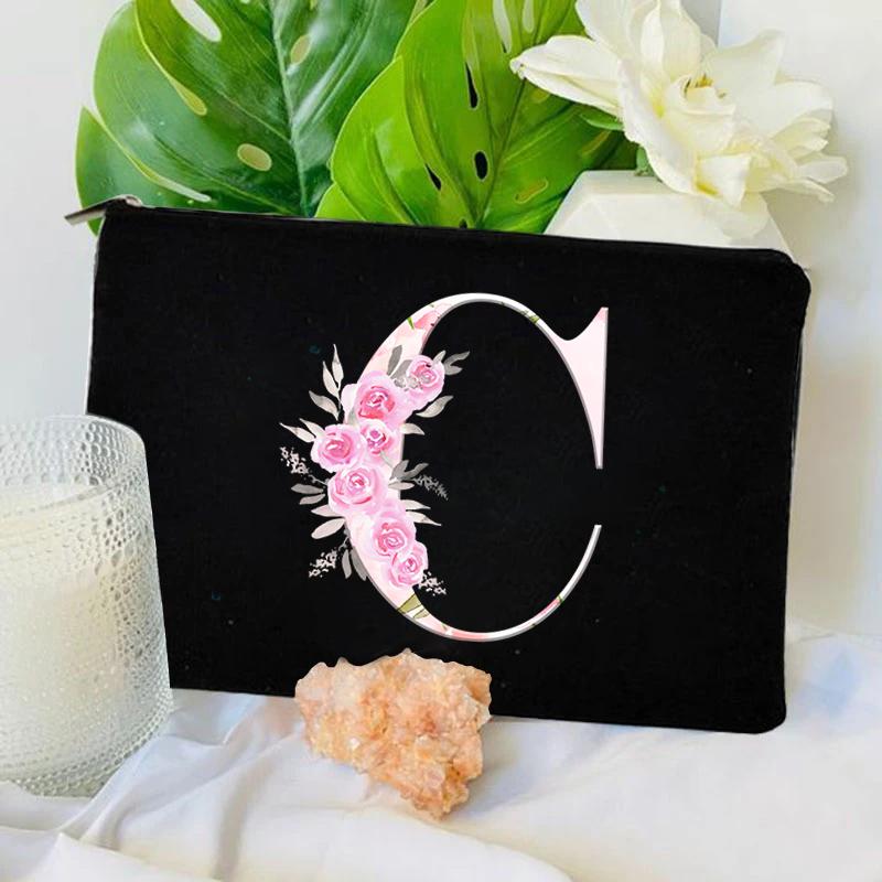 Women Bag Makeup Bag Bridesmaid Makeup Bags Floral Alphabet Print Linen Zipper Pouch Travel Organizer Case Mujer Bolsas Cosmetic