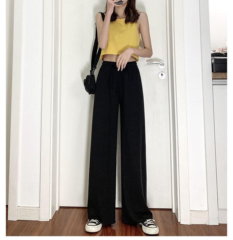 Женские широкие брюки из ледяного шелка, свободные повседневные брюки с высокой талией и шнурком, женские прямые брюки