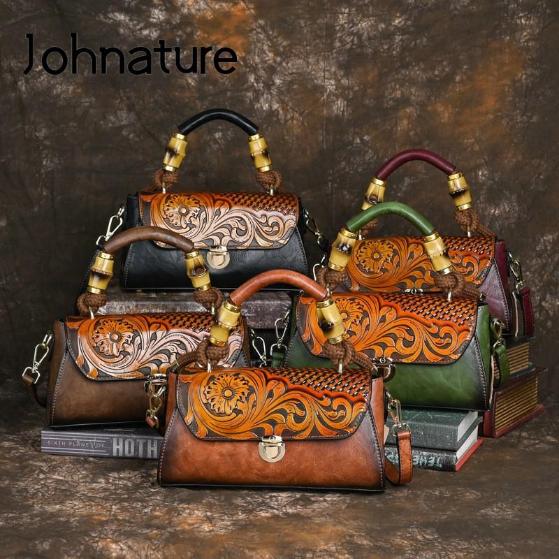 Johnature Women Bag Retro Leather Carving Craft Ladies Handbag Versatile Large Capacity Shoulder & Crossbody Bags