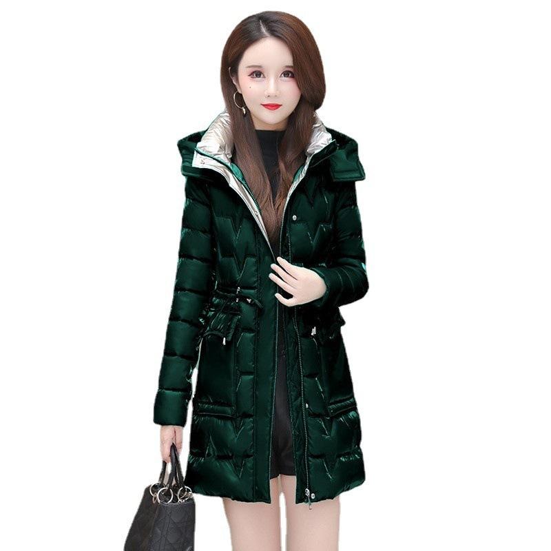 Пуховое хлопковое пальто женское корейское зимнее толстое теплое длинное толстое красочное пальто с капюшоном на шнуровке