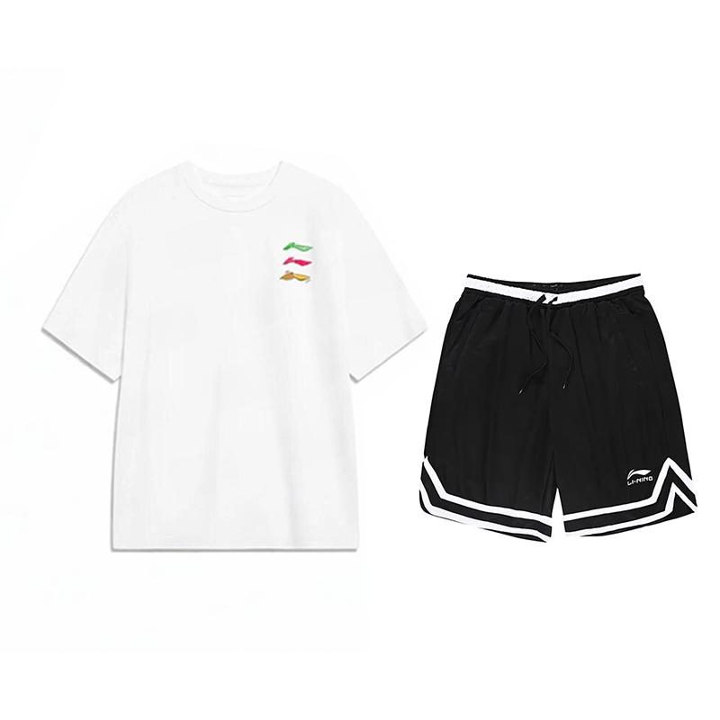 Футболка с круглым вырезом и коротким рукавом с принтом логотипа Li Ning и шорты до колена со средней посадкой, повседневный спортивный комплект, унисекс, YHSV373-1+YAPV001-1
