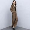 2 Pcs/Set Women Coat Pants Set Lapel Buttons Cardigan Plaid Print Long Sleeve Jacket Wide Leg High Waist Straight Trousers Lady Formal Commute Outfit