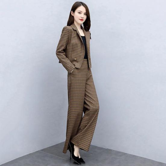 2 Pcs/Set Women Coat Pants Set Lapel Buttons Cardigan Plaid Print Long Sleeve Jacket Wide Leg High Waist Straight Trousers Lady Formal Commute Outfit