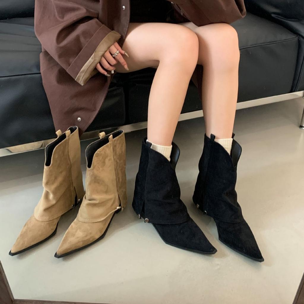 American Suede Skinny Pointed Retro Fashion Small Man Heightening Horseshoe Heel 2025 Long Johns Tube Boots Stacking Boots Women