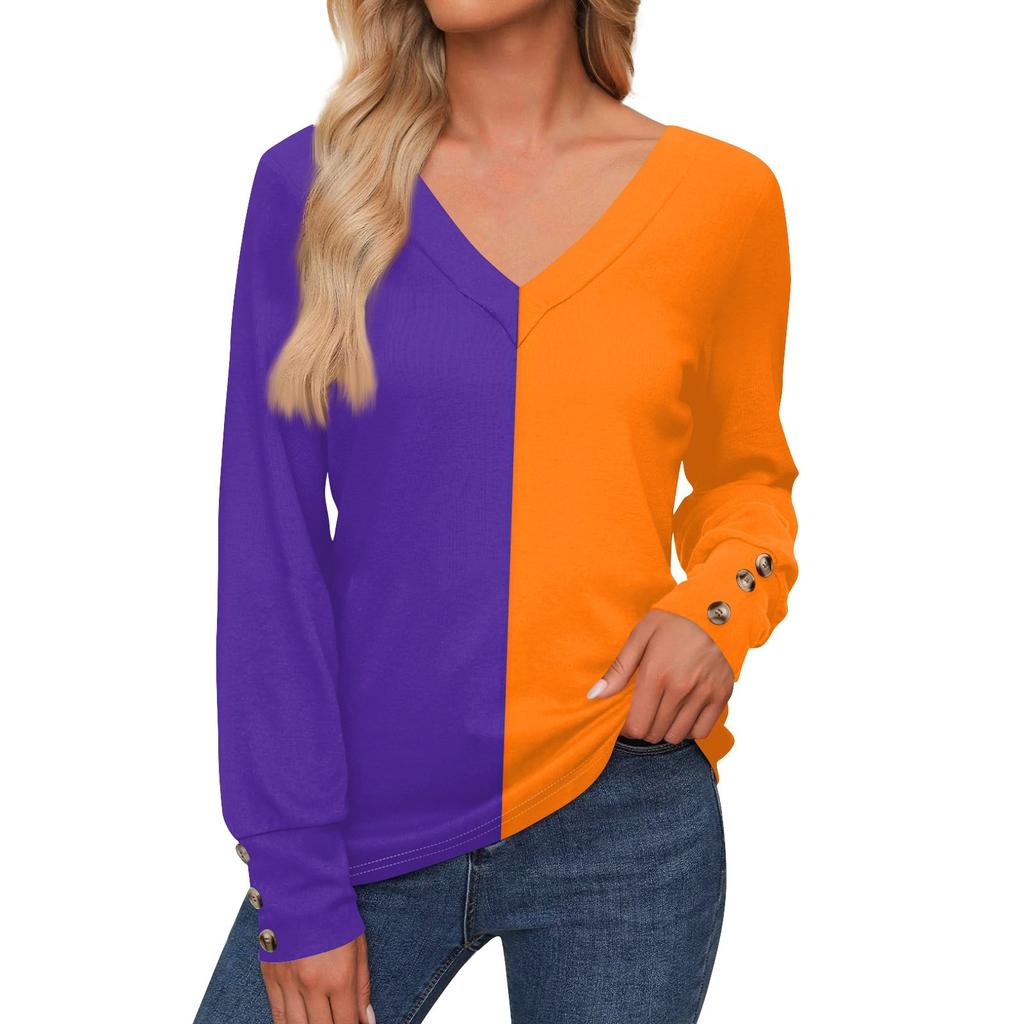 Женская повседневная модная рубашка с длинными рукавами и манжетами на пуговицах, свободная футболка с V-образным вырезом, осенняя одежда