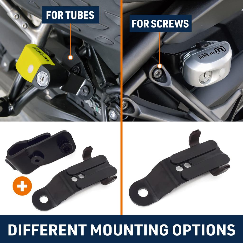 Urban UR352 Alarm Disc Lock with Transport Bracket for the Urban UR6 and Attaches To Motorcycle Screws or Tubes for Secure Transport of Locked Disc