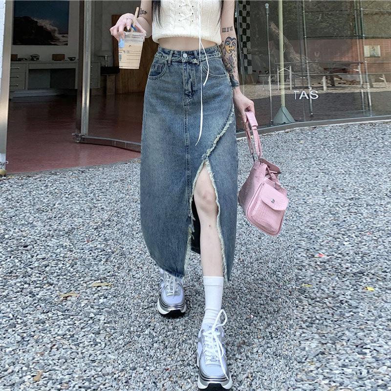 Разрез нерегулярный женский необработанный край винтажный повседневный средней длины с высокой талией А-силуэт пакет бедра юбка универсальная удобная модная джинсовая юбка-бюстье