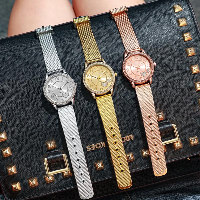 Rose Gold Peach Heart Mesh Quartz Watch with Diamond Inlay for Women