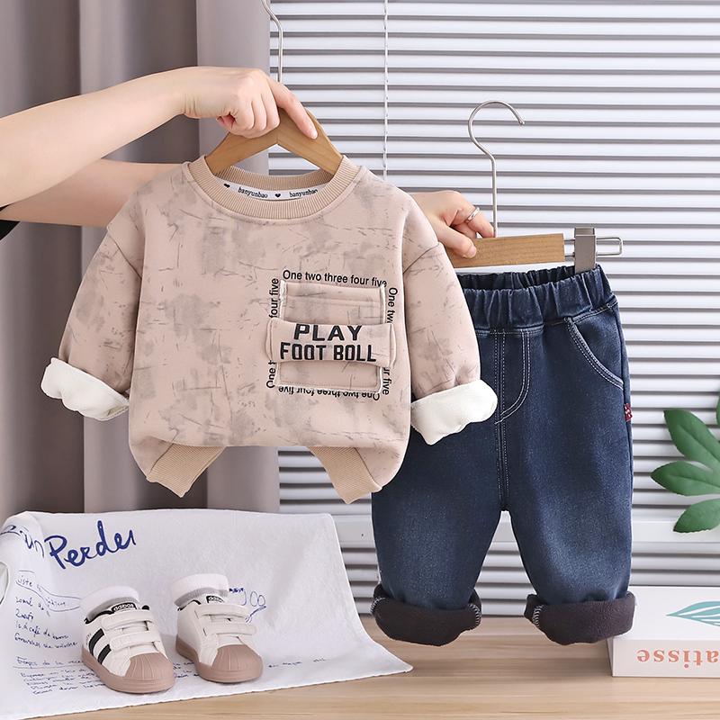 Комплект из 2 предметов с длинным рукавом для мальчиков, 0-5 лет Детская флисовая толстовка с английским принтом + джинсовые брюки