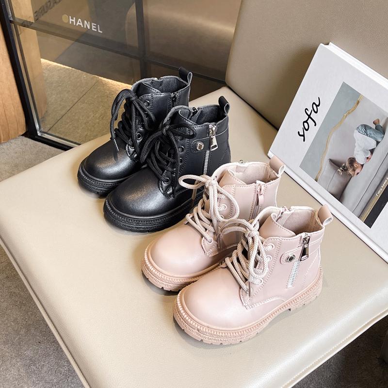 Девичьи ботильоны Весна Осень Дышащие Детские Модные Ботинки Детские Черные Кожаные Ботинки на Молнии Сбоку 2024 Новинка