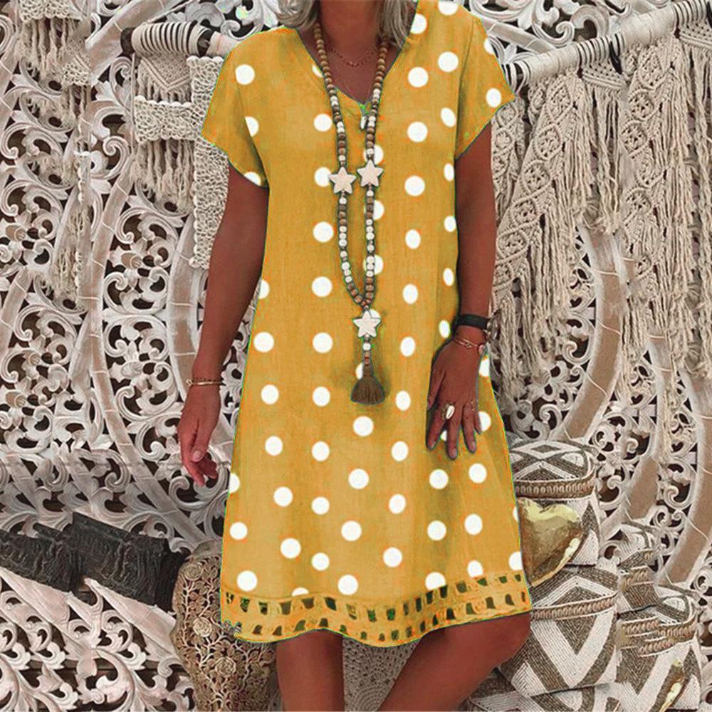 2026 Cross-border Spring and Summer New Amazon European and American Women's Dress Fashion Polka Dot Short Sleeve V-Neck Printed Medium Dress