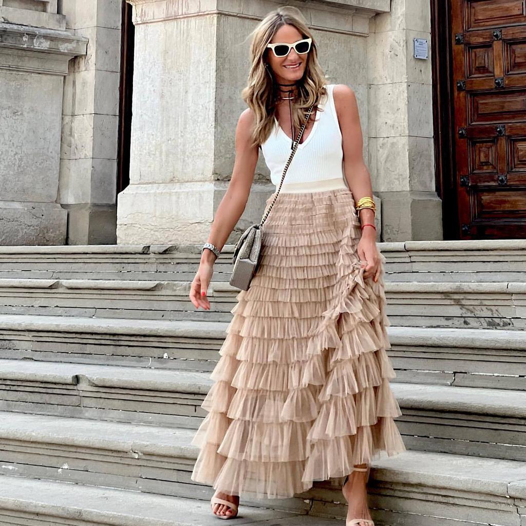 Cake Skirts Women Elegant Cascading Ruffles A Line Long Skirts Female Casual Elastic Waist Party Lace Skirt