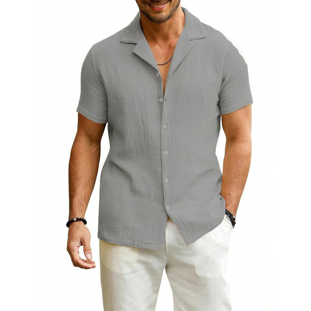 Мужская модная рубашка с воротником, однотонная, повседневная, с короткими рукавами