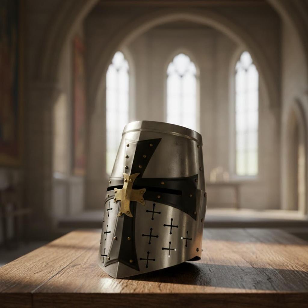 Medieval Templar Crusader Helmet, Silver Steel Knight Helmet with Brass Cross for Cosplay Collection