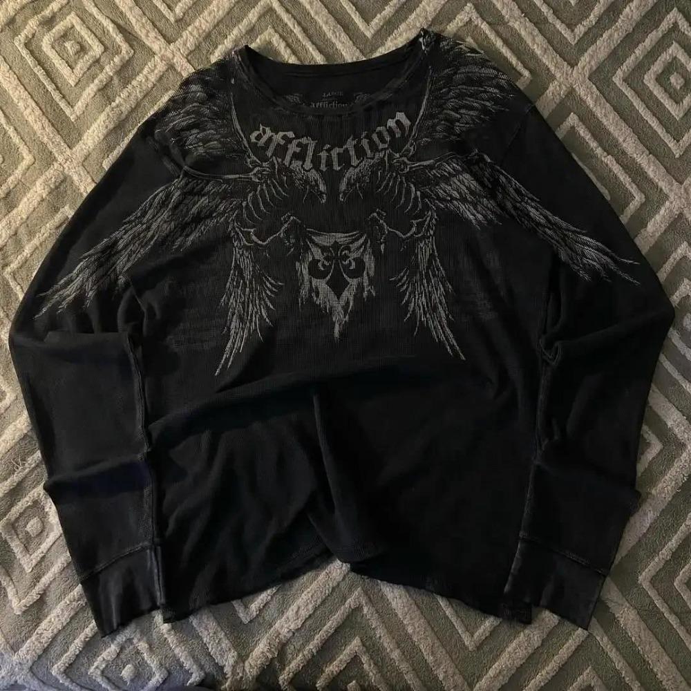 Affliction Футболка с длинным рукавом Модная футболка оверсайз с круглым вырезом Мужская с принтом крыльев Повседневные готические топы Уличная одежда