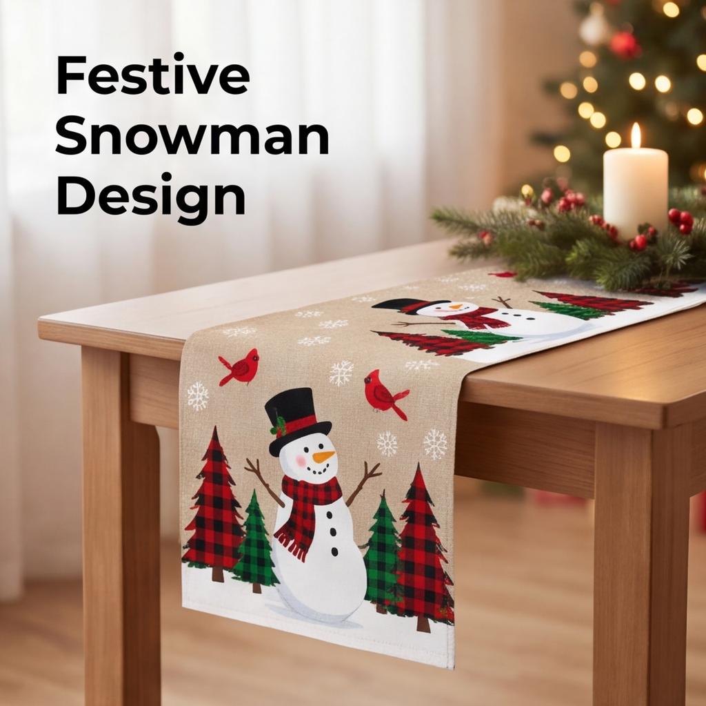 Christmas Snowman Table Runner Holiday Kitchen Decor Durable Fabric Festive Design for Dining Table Seasonal Parties Family Gatherings