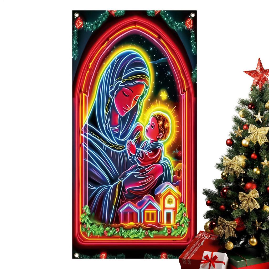 Christmas Front Door Cover 35x71inch Glowing Large Festive Door Covers Holiday Party Banner Decoration For Indoor Outdoor Home