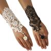 2colors Women Rose Beads Flower Lace Gloves Goth Style Adjustable with Ring Long Bracelet Wedding Bridal Accessories