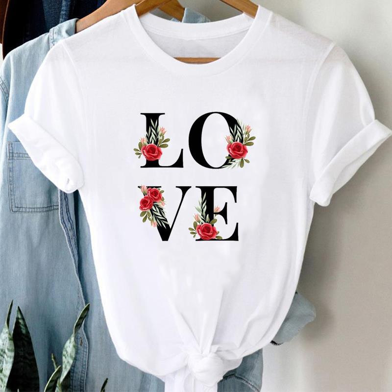 (Asian Size) Tee Top Fashion Love Letter Watercolor Flower T Shirt Women Print Lady Female Clothing Casual Short Sleeve Graphic T-shirt