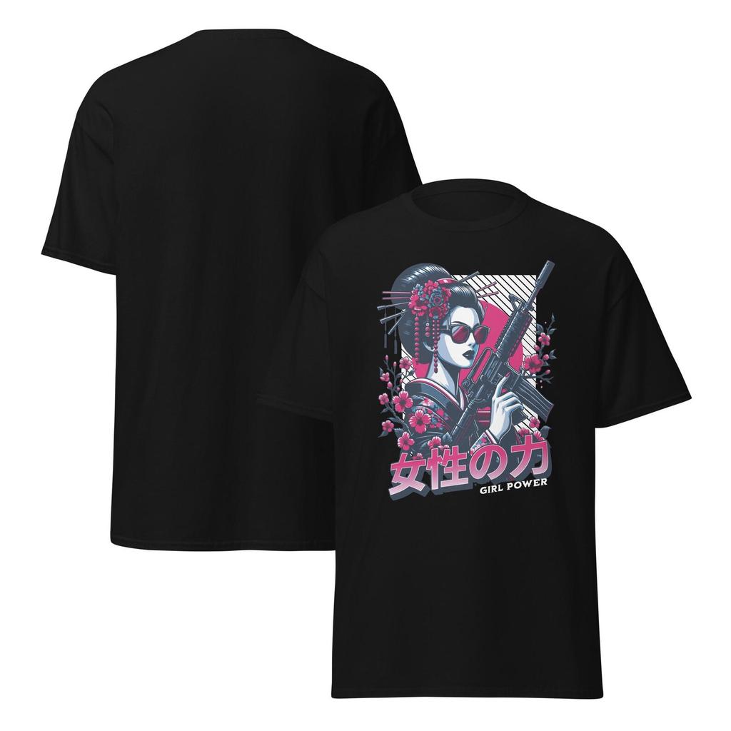 Girl Power Samurai T-Shirt, Badass Geisha with Rifle Tee, Feminist Japanese Streetwear, Bold Warrior Woman Graphic Shirt, Sakura Gun