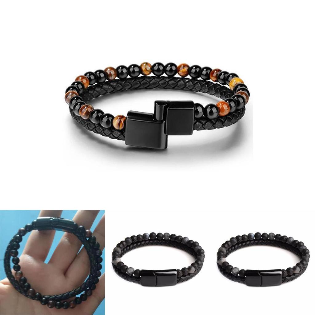 Мужской браслет из вулканического камня в два ряда с застежкой из сплава и кожи, 21 см