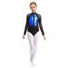 Girls Shiny Rhinestones Leotard Color Block Patchwork Keyhole Back Sheer Mesh Long Sleeve Bodysuit