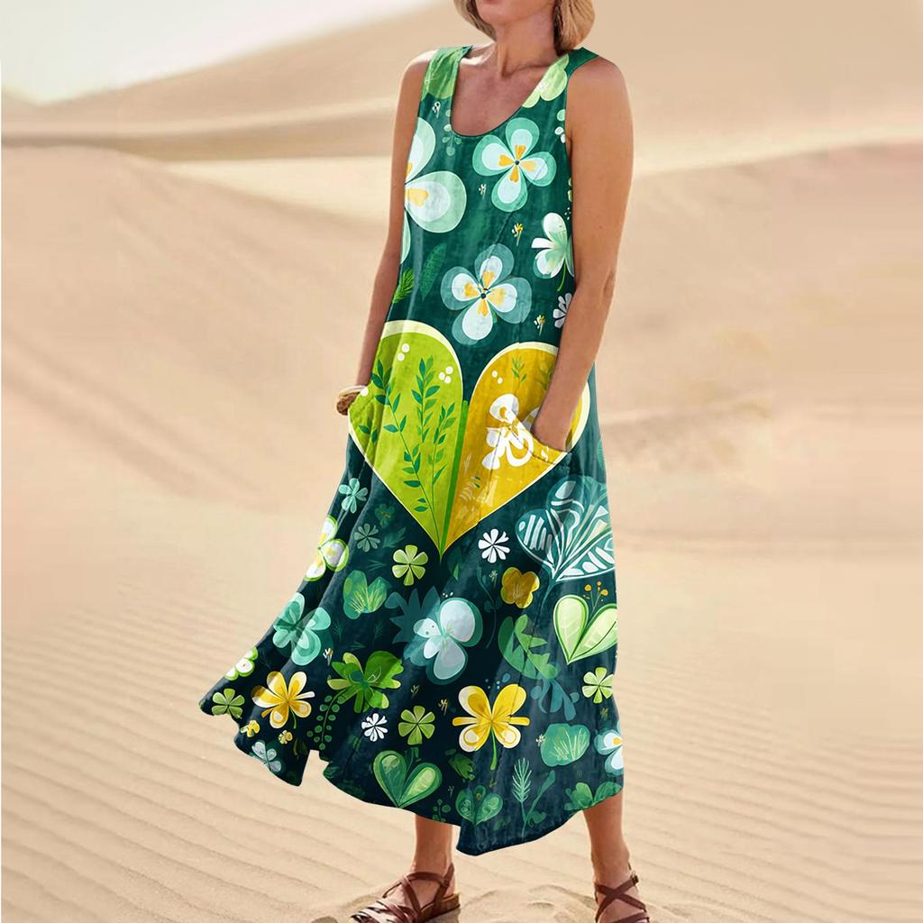 Women's Casual Comfort St. Patrick's Day Printed Sleeveless Pocket Dress