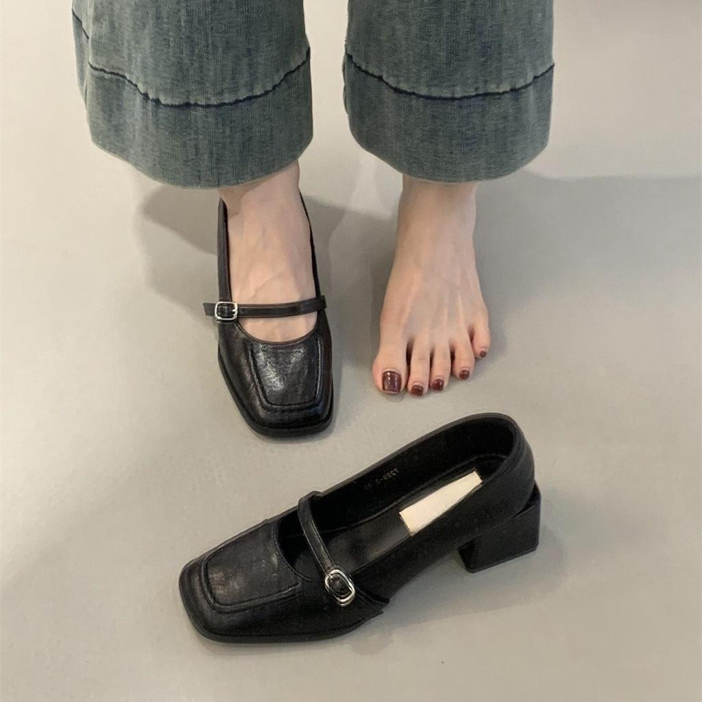 Retro Square Head High Heels, Shallow Mouth Single Shoes, Women's Spring and Autumn New French Temperament, Evening Breeze Thick Heel Leather Shoes