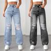 2025 Women's Trendy Ripped Straight-Leg Jeans - European and American Style, Loose Fit