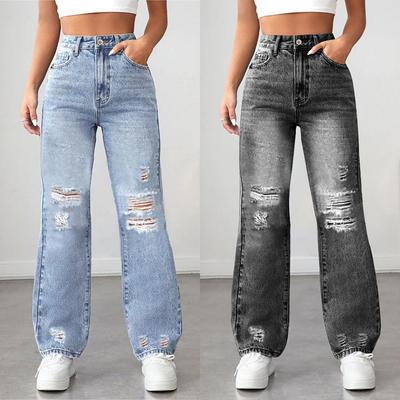 Женские модные рваные джинсы прямого кроя 2025 - Европейский и американский стиль, свободный крой