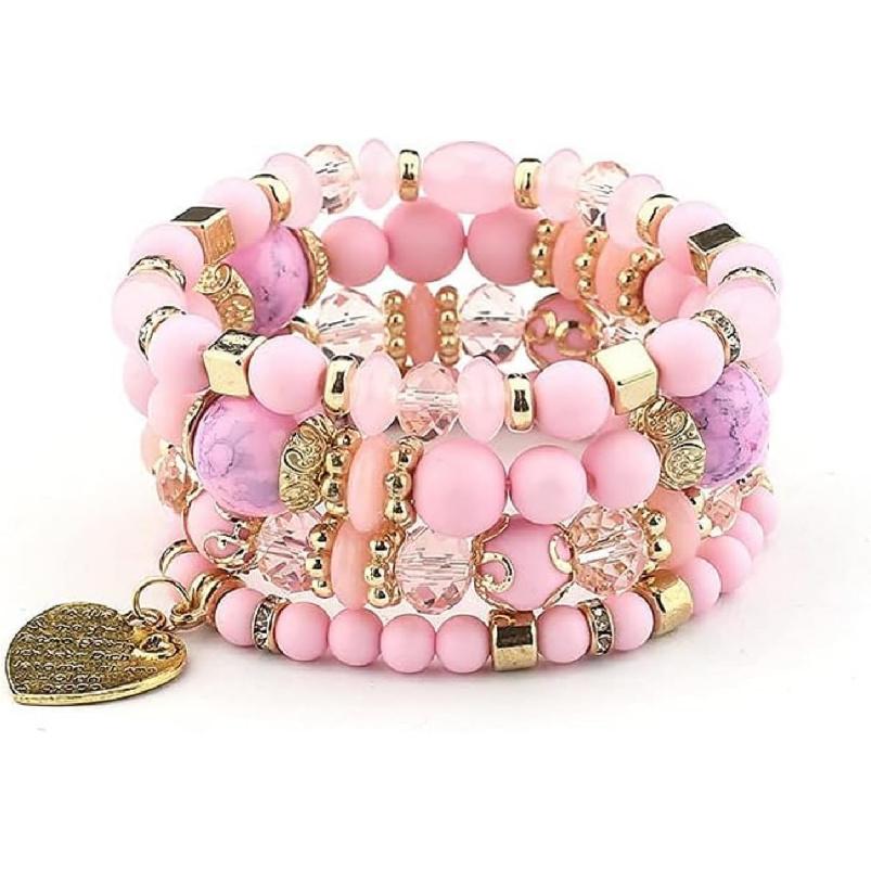Women Beaded Bracelet Set | Colorful Boho Stackable Trendy Design with Crystal Accents Multilayer Bangle Bracelet | Fashion Stretch Braclets Jewelry