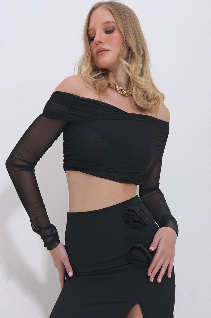 Women's Blouse New Season Fashion Tile Back Front Double Breasted Collar Tulle Detailed Crop Blouse