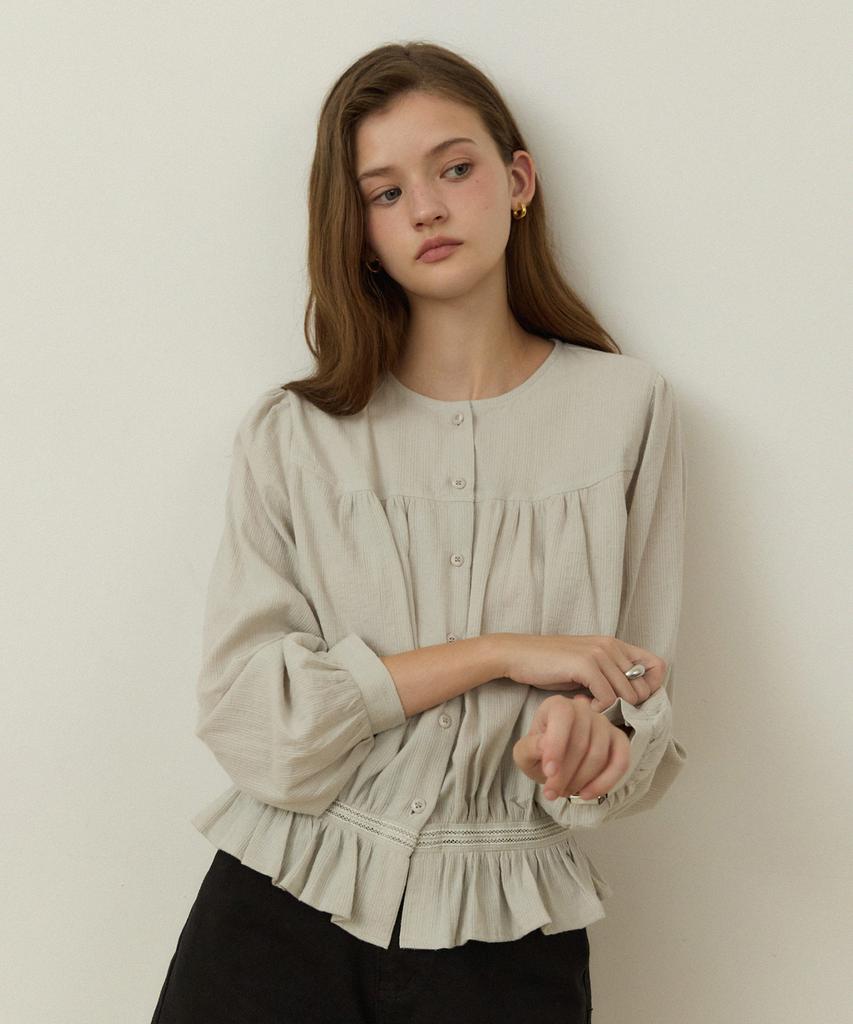 ADAUL Jacquard Shirring Lace Stripe Blouse - Ash Khaki