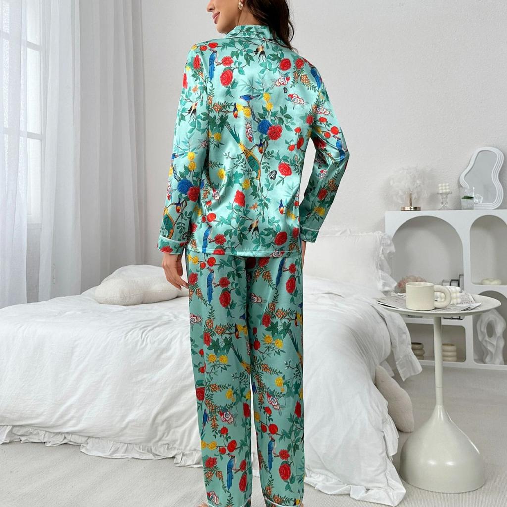 Весна осень Свободный Удобный Пижамный Костюм Цветочный Принт Женская Пижама Ice Silk Домашняя Одежда Длинный Рукав Комплект из двух предметов Femme Satin