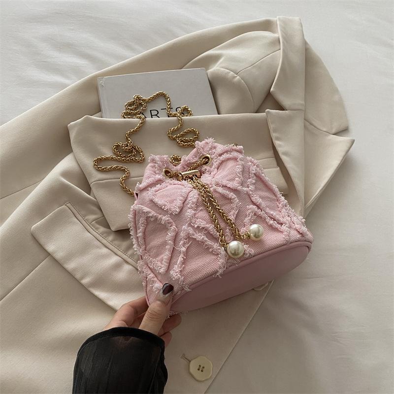 Niche Design Denim Rhombus Bucket Bag Crossbody Trend Drawstring Fringed Pearl Chain Crossbody Bag