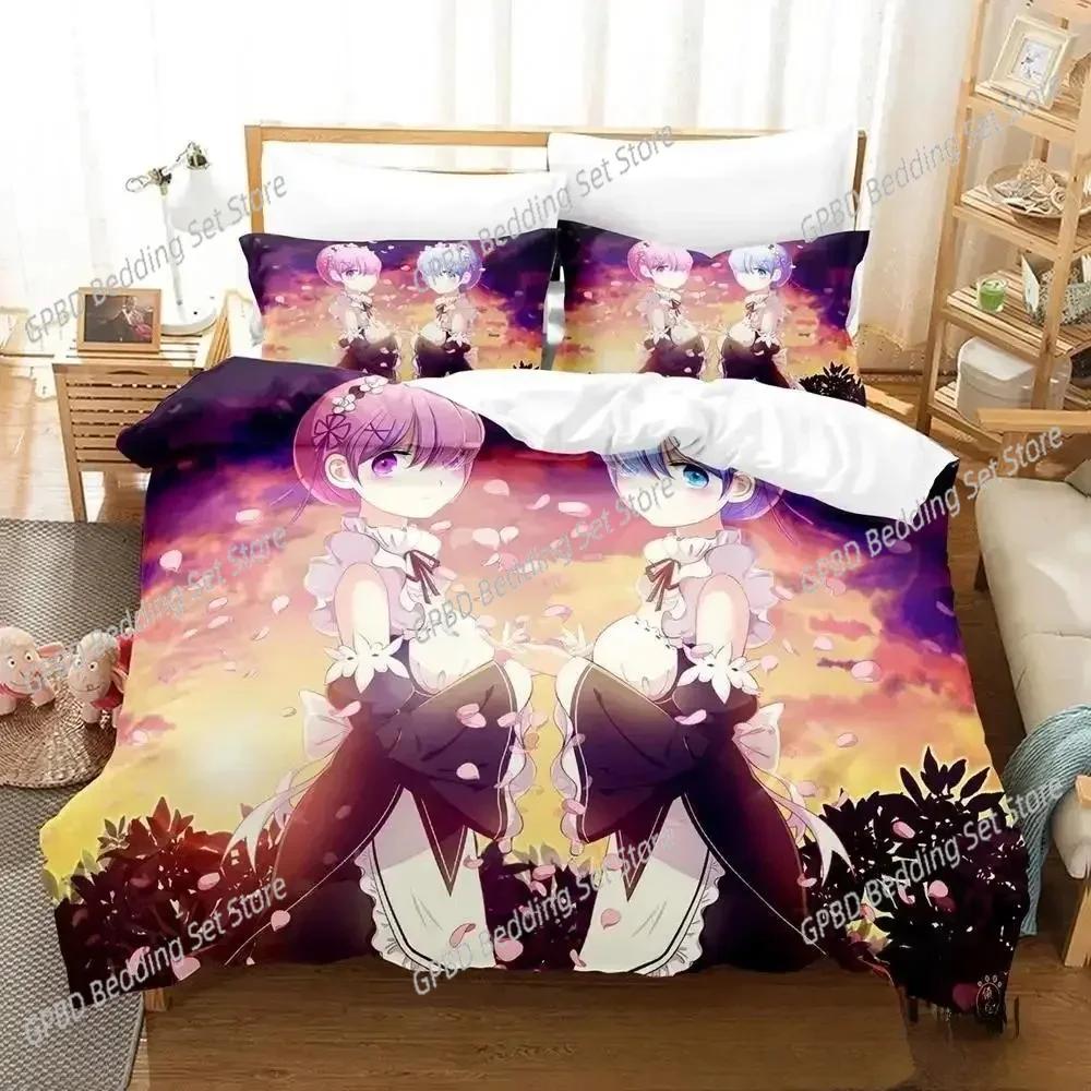 3D Anime Re Zero Rem Ram Emilia 3D Duvet Cover Bedding Set Comforter Linen Pillowcases Home Decor Single Double Twin King Queen