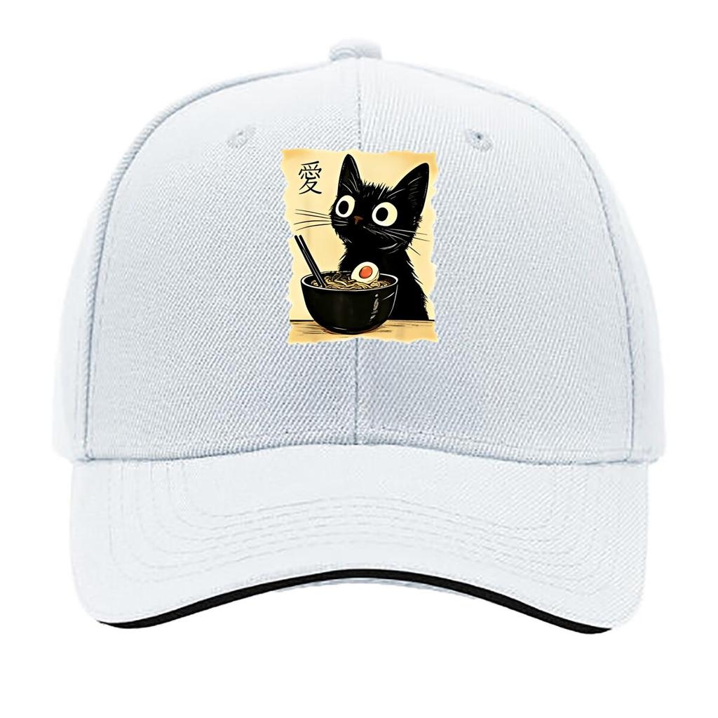 One Fashionable Printed Cartoon Cat Noodles Pattern Summer Curved Brim Cap Trendy Daily Wear Duckb Sandwich Baseball Cap