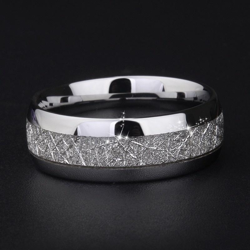 8mm Width Meteorite Stone Pattern Inlaid Silver Color Tungsten Steel Ring Couple Wedding Band Engagement Jewelry MIT