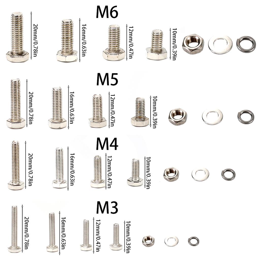 640pcs stainless steel hex bolt, nut, and washer set, M3-M4-M5-M6 full thread, grade 8.8/10.9, SUS, A2/A4 marine grade.