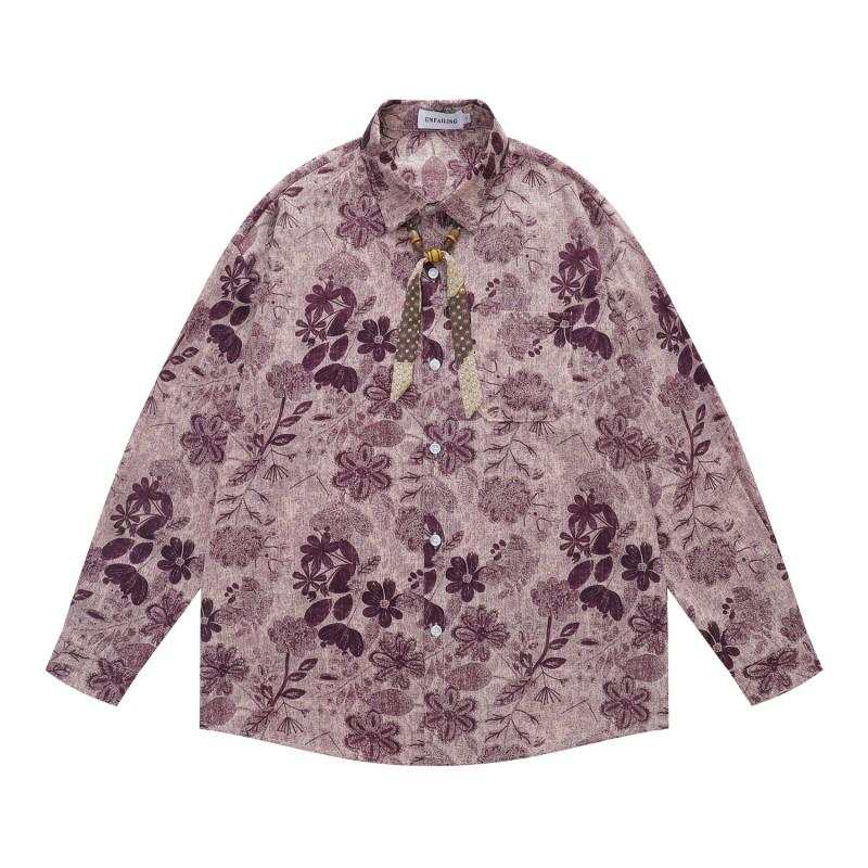 American Vintage Floral Shirt Men Women Loose Fit Long Sleeve Button Up Top Casual Wear