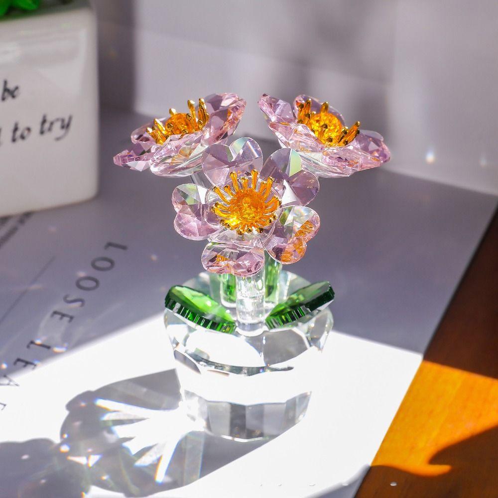 Clear Base Mini Glass Flower Sculpture Ornament Tabletop Plants Suncatcher  Mother's Day