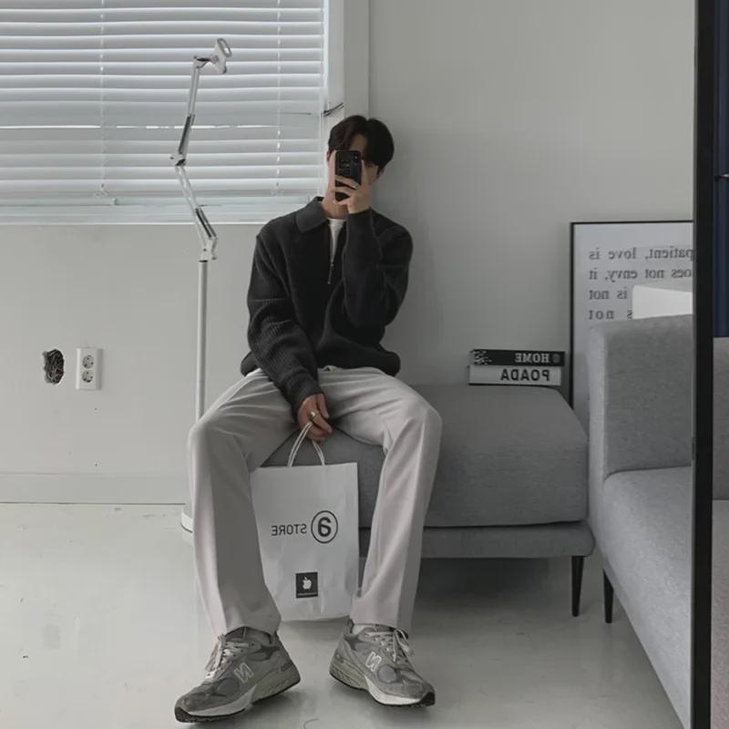 Мужской свитер в японском ретро-стиле с застежкой-молнией на половину длины – осень/зима, элитный, свободный крой, с лацканами, повседневный.