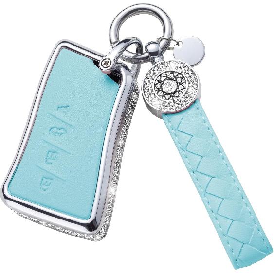 for Volvo Key Fob Cover with Keychain, Blue Leather Rhinestone Key Case Protection Shell Compatible with XC90, XC60, XC40, S60, S90, V60, V90,