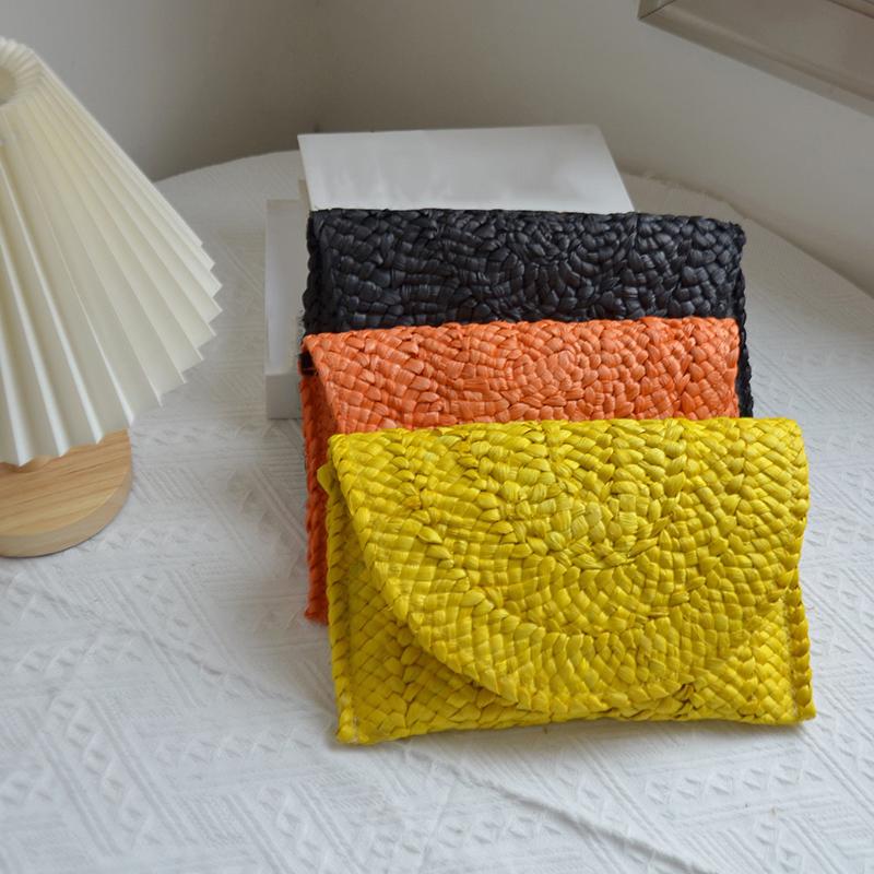 Модная пляжная сумка, женская летняя пляжная сумка-конверт, тканый клатч, однотонная, большая вместительная сумка для хранения, соломенная сумка из кукурузной шелухи