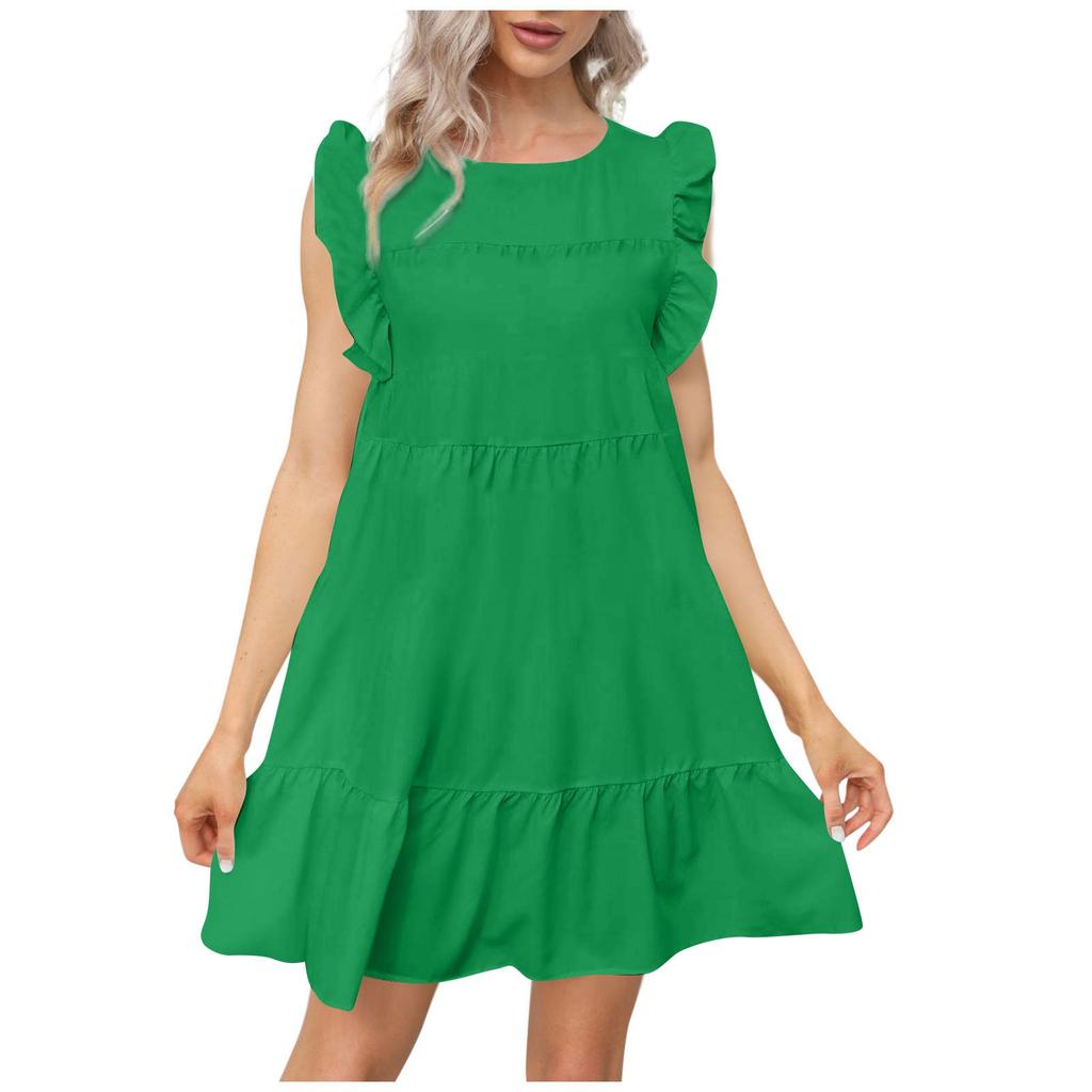Women's Round Neck Casual Short Sleeve Ruffle-Trim Summer  Dresses
