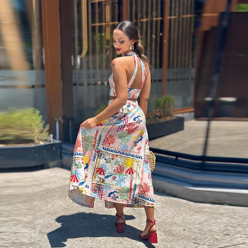 Женские сексуальные напечатанные юбки-халтер, летние костюмы без рукавов, укороченный топ с открытой спиной, однобортные юбки с разрезом, комплекты из двух частей