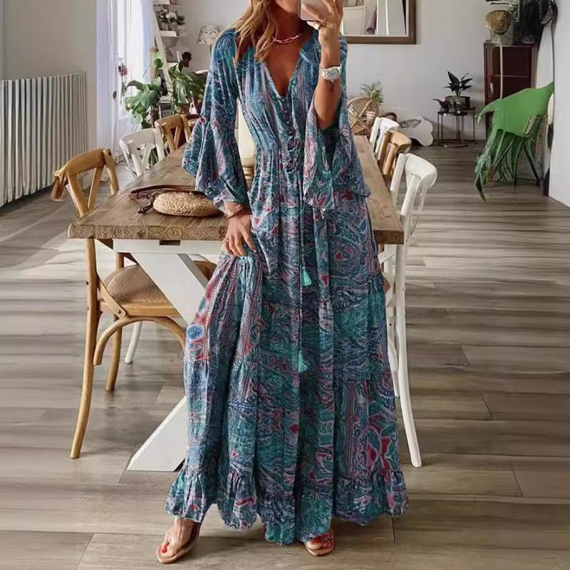 Trumpet Sleeve Printed V-neck High Waisted Vacation Dress with Floral Detailing for Women Casual Dresses