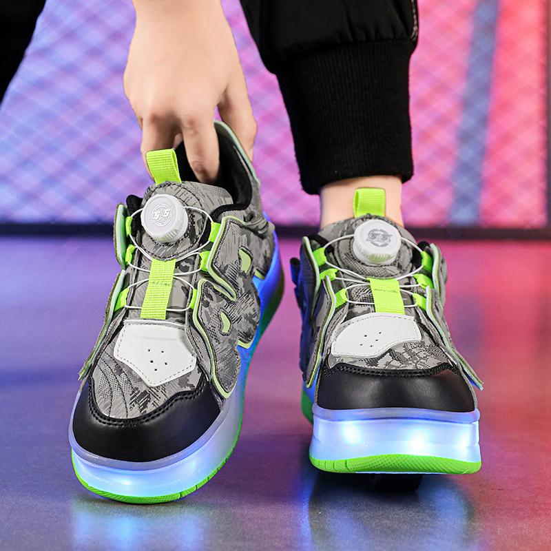 Новые кожаные вращающиеся кнопки свет вспышка обувь мальчики обувь девушки студенты спорт можно получить катание на роликах роликовые коньки обувь
