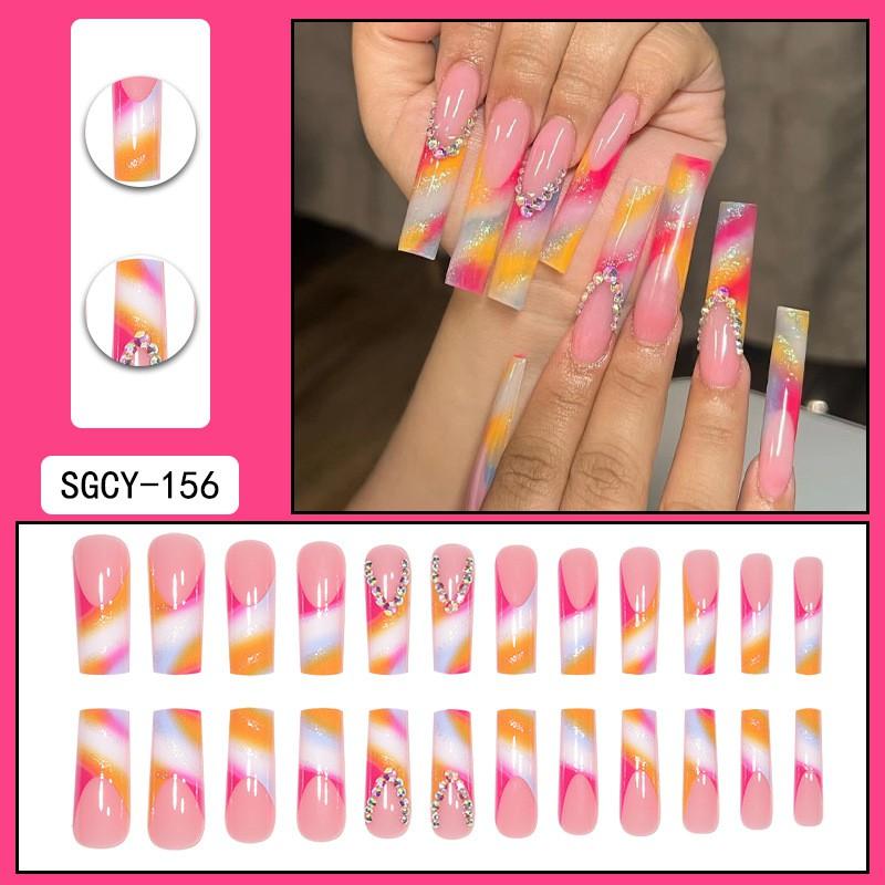 French Style Gradient Press-On Nails With Crushed Glitter Rhinestones Long Wearable Artificial Nail Tips