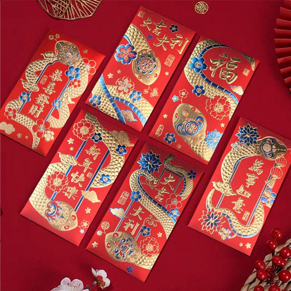 6pcs Blessing 2025 Snake Year Red Pouch Traditional Money Packet Lucky Money Pockets Kids Gift